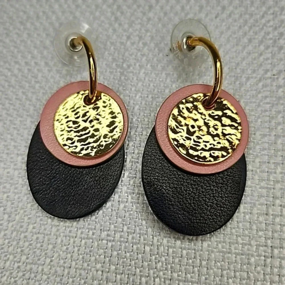 Stella & Dot Color Block Versatile Gold Leather Hoop Interchangeable Earrings - Picture 2 of 10